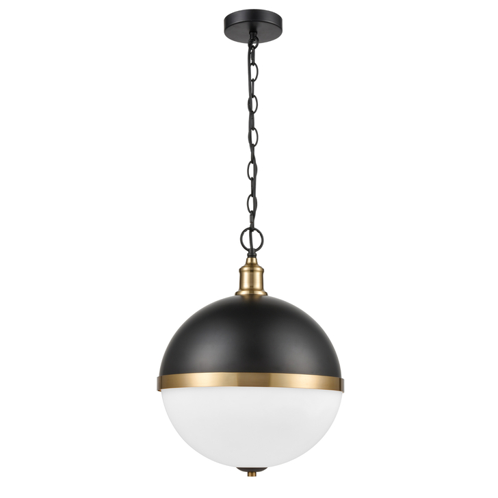 Franklite Hemisphere Large Matt Black And Gold Round Pendant Light Complete With Opal Glass