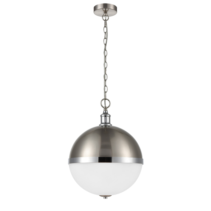 Franklite Hemisphere Large Satin Nickel And Chrome Round Pendant Light Complete With Opal Glass