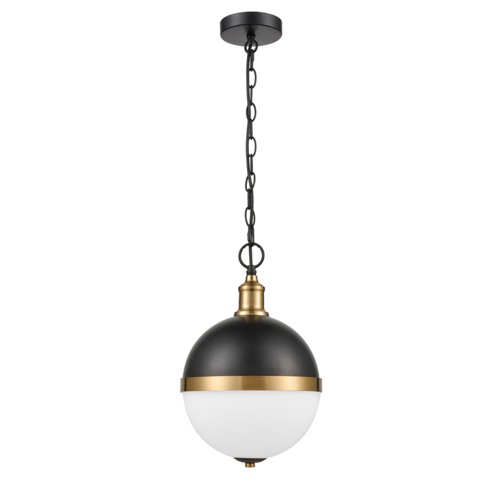 Franklite Hemisphere Small Matt Black And Gold Round Pendant Light Complete With Opal Glass