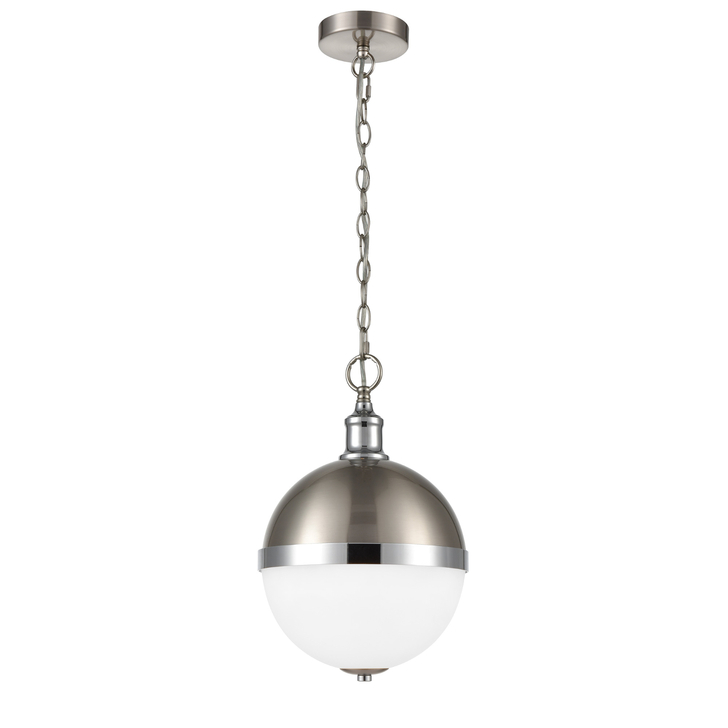 Franklite Hemisphere Small Satin Nickel And Chrome Round Pendant Light Complete With Opal Glass