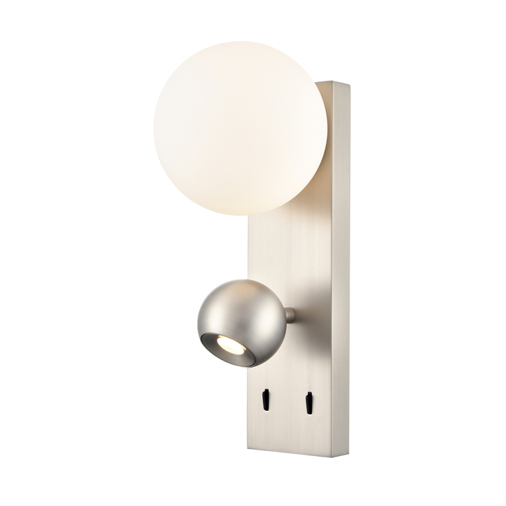 Franklite Iris Satin Nickel Adjustable Spotlight Wall Twin Wall Light With Opal Glass And 2 Switches - 3000K