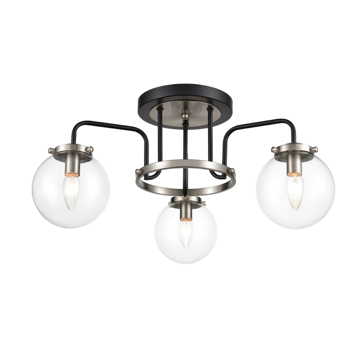 Franklite Lithos Two Tone Matt Black/Satin Nickel 3 Light Flush Ceiling Light Complete With Clear Glass Shades