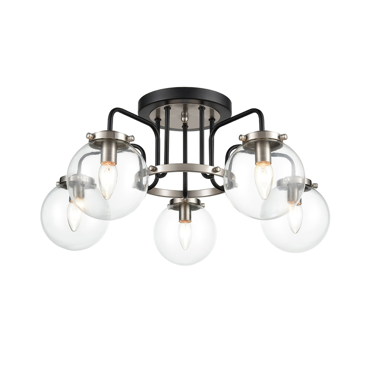Franklite Lithos Two Tone Matt Black/Satin Nickel 5 Light Flush Ceiling Light Complete With Clear Glass Shades