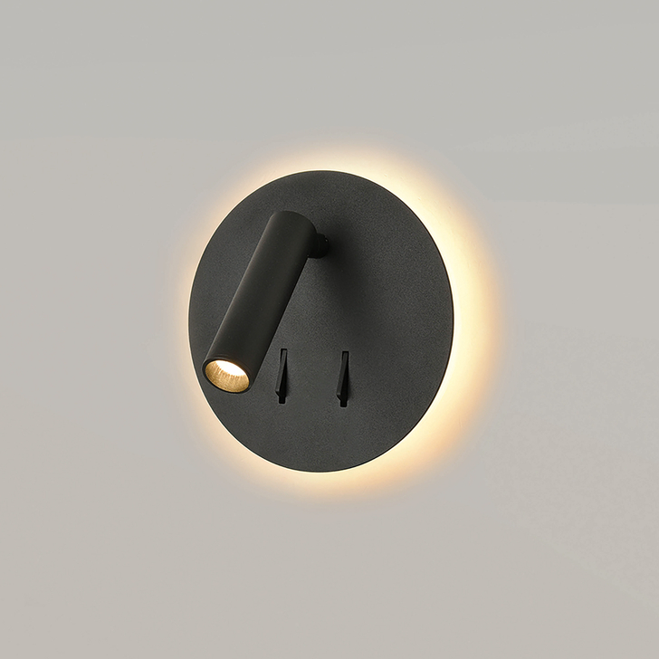 Franklite Luca Matt Black Round Adjustable Led Bedside Reader Wall Light Complete With Illuminated Backplate - Switched - 3000K