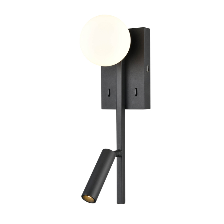 Franklite Luca Matt Black Slim Vertical Adjustable Led Bedside Reader Wall Light Complete With Opal Glass And Usb Port - Switched - 3000K