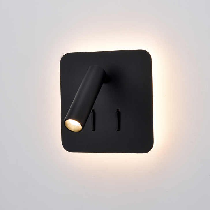 Franklite Luca Matt Black Square Adjustable Led Bedside Reader Wall Light Complete With Illuminated Backplate - Switched - 3000K