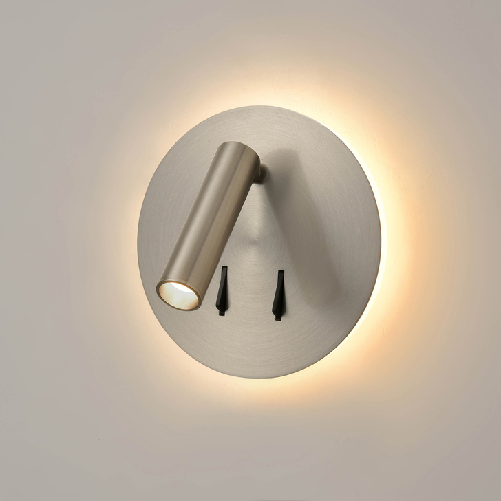 Franklite Luca Satin Nickel Round Adjustable Led Bedside Reader Wall Light Complete With Illuminated Backplate - Switched - 3000K