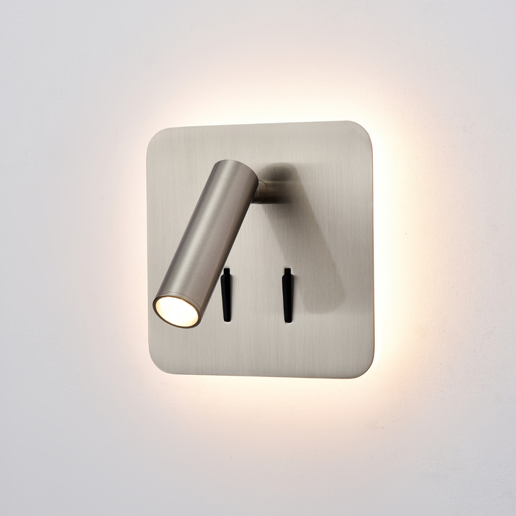 Franklite Luca Satin Nickel Square Adjustable Led Bedside Reader Wall Light Complete With Illuminated Backplate - Switched - 3000K