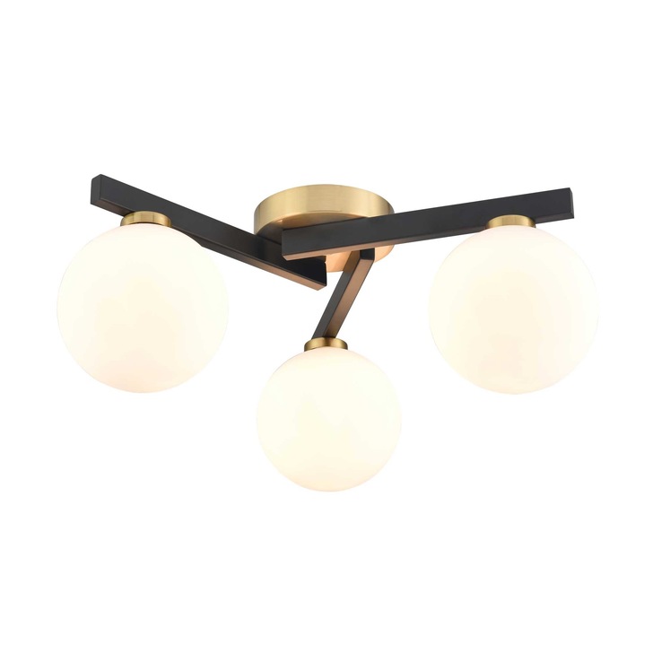 Franklite Lunar 3 Light Flush Ceiling Light In Black & Brass With Opal Glass Globes