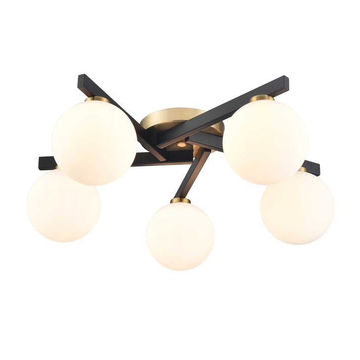 Franklite Lunar 5 Light Flush Ceiling Light In Black & Brass With Opal Glass Globes