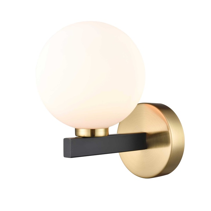 Franklite Lunar Single Wall Light In Black & Brass With Opal Glass Globe