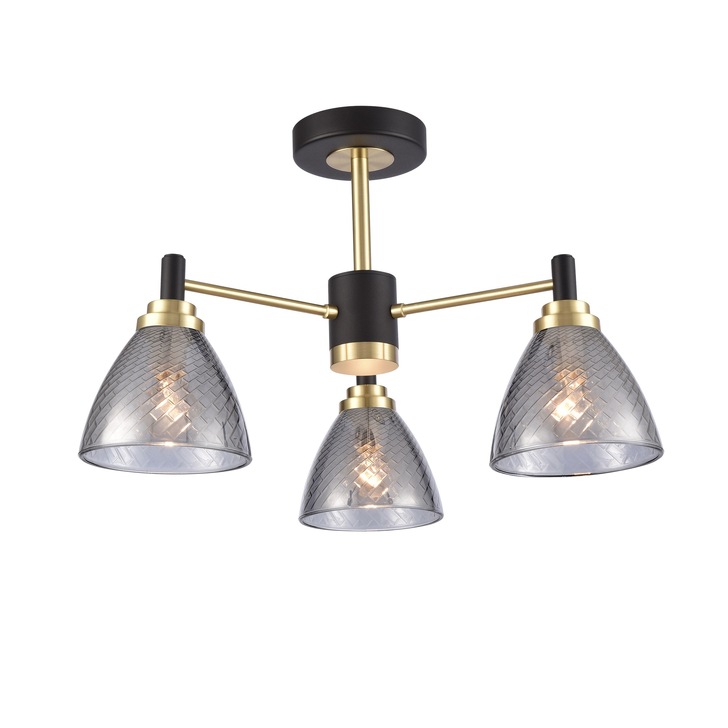 Franklite Metro 3 Light Semi-Flush Ceiling Light In Matt Black & Satin Brass With Smoked Textured Glass Shades