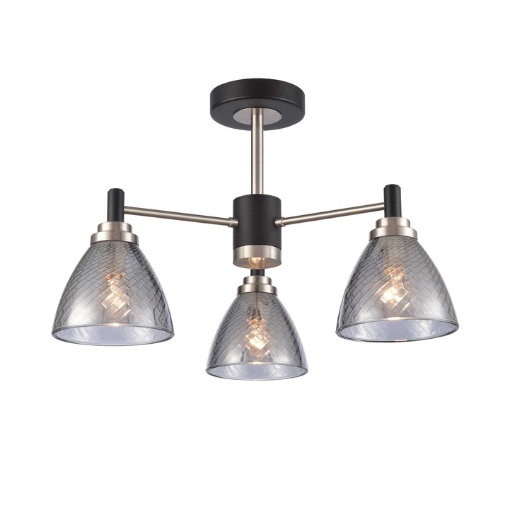 Franklite Metro 3 Light Semi-Flush Ceiling Light In Matt Black & Satin Nickel With Smoked Textured Glass Shades