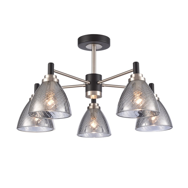 Franklite Metro 5 Light Semi-Flush Ceiling Light In Matt Black & Satin Nickel With Smoked Textured Glass Shades