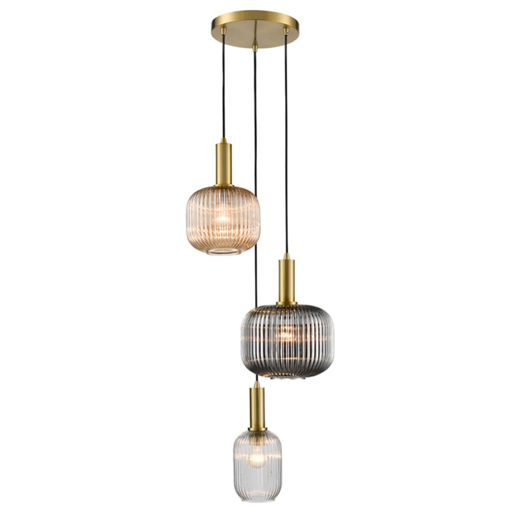 Franklite Mezcla Aged Brass Finish 3 Light Cluster Pendant Complete With Smoked/Clear/Amber Ribbed Glass Shades