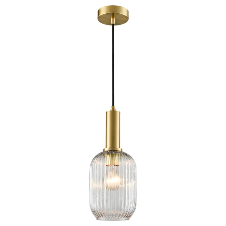 Franklite Mezcla Aged Brass Finish Single Pendant Light Complete With 150mm Clear Ribbed Glass Shade