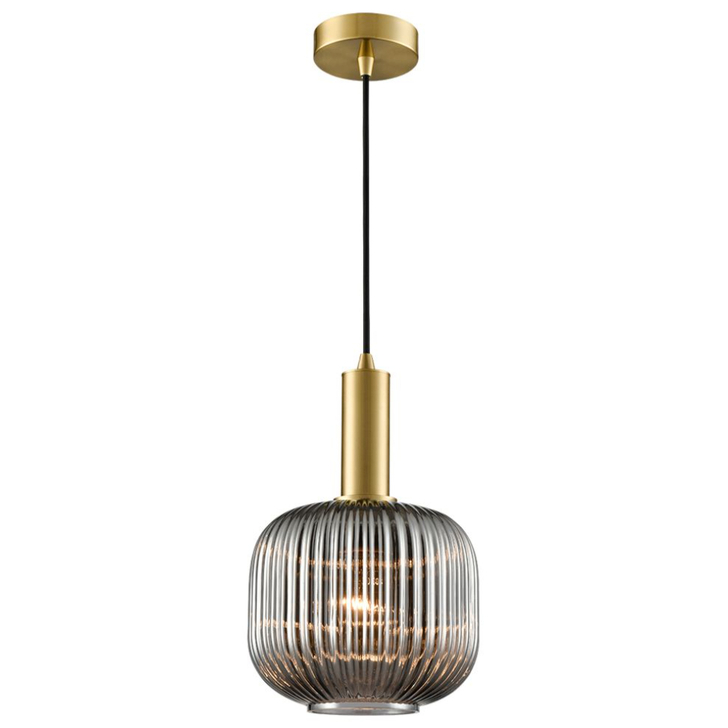 Franklite Mezcla Aged Brass Finish Single Pendant Light Complete With 200mm Smoked Ribbed Glass Shade