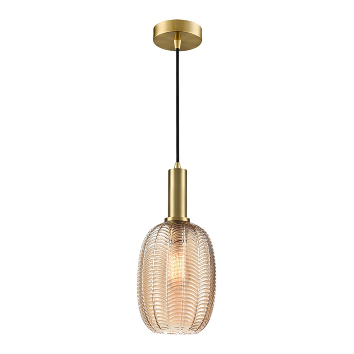 Franklite Mezcla Aged Brass Finish Single Pendant Light Complete With 200mm Smoked Ribbed Glass Shade