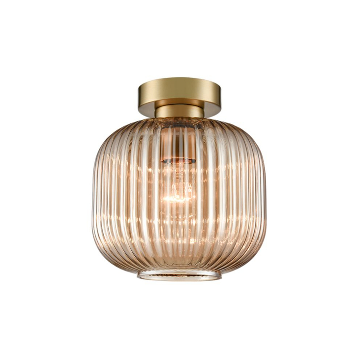 Franklite Mezcla Flush Aged Brass Finish Ceiling Light Complete With 200mm Amber Ribbed Glass Shade