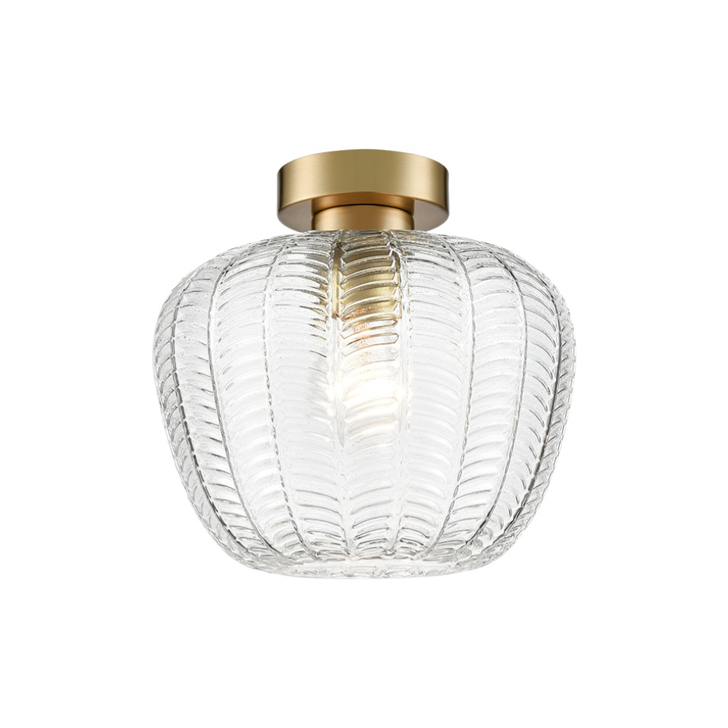 Franklite Mezcla Flush Aged Brass Finish Ceiling Light Complete With 230mm Clear Chevron Glass Shade