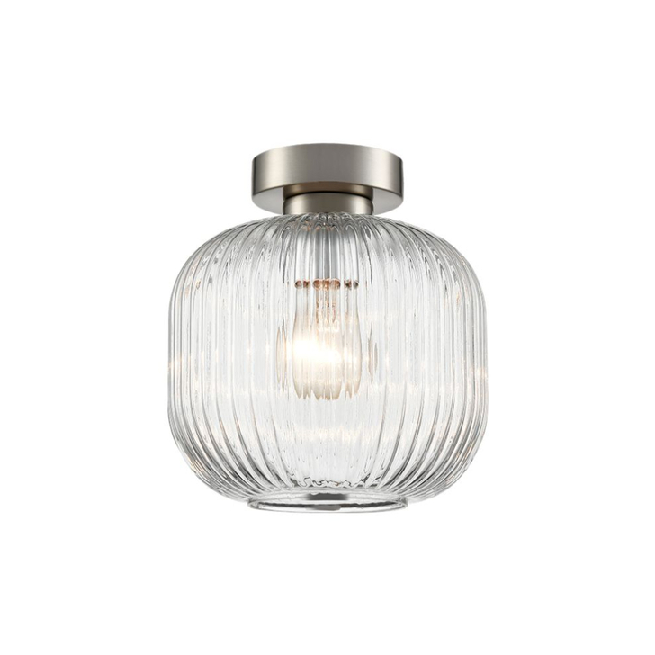 Franklite Mezcla Flush Satin Nickel Ceiling Light Complete With 200mm Clear Ribbed Glass Shade