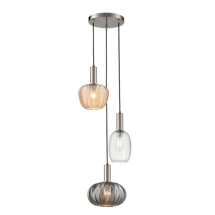 Franklite Mezcla Satin Nickel 3 Light Cluster Pendant Complete With Smoked/Clear/Amber Chevron Glass Shades