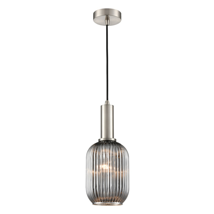 Franklite Mezcla Satin Nickel Single Pendant Light Complete With 150mm Smoked Ribbed Glass Shade