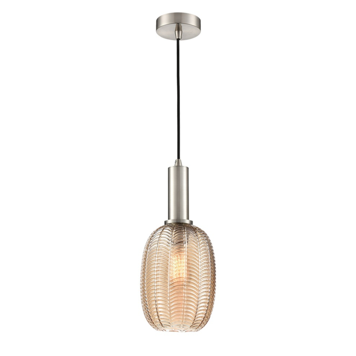 Franklite Mezcla Satin Nickel Single Pendant Light Complete With 180mm Amber Chevron Glass Shade