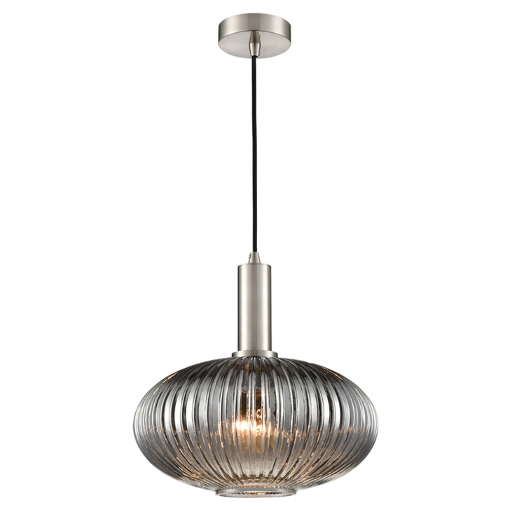 Franklite Mezcla Satin Nickel Single Pendant Light Complete With 300mm Smoked Ribbed Glass Shade