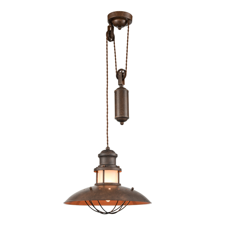 Franklite Newton Distressed Bronze Industrial Rise And Fall Pendant Light Complete With Frosted Cage And Glass Detail