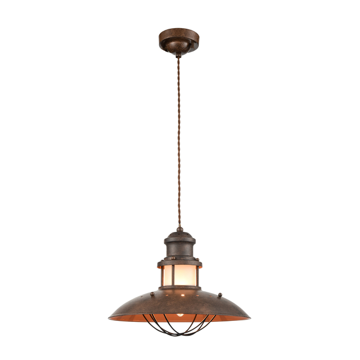 Franklite Newton Distressed Bronze Industrial Single Pendant Light Complete With Frosted Cage And Glass Detail