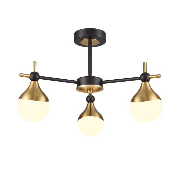 Franklite Nexus 3 Light Semi-Flush Ceiling Light In Matt Black & Aged Brass With Opal Glasses