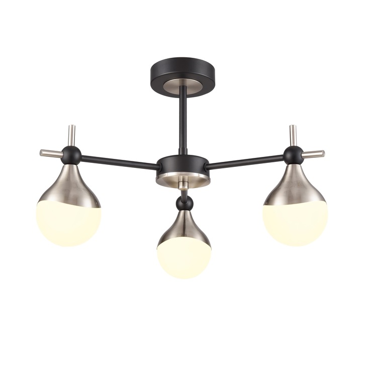 Franklite Nexus 3 Light Semi-Flush Ceiling Light In Matt Black & Satin Nickel With Opal Glasses