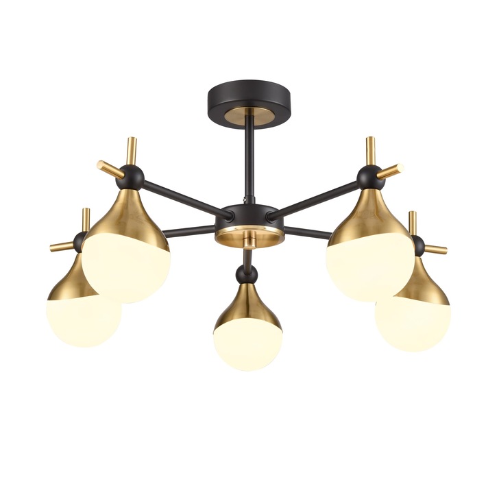 Franklite Nexus 5 Light Semi-Flush Ceiling Light In Matt Black & Aged Brass With Opal Glasses