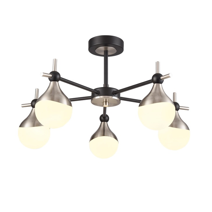 Franklite Nexus 5 Light Semi-Flush Ceiling Light In Matt Black & Satin Nickel With Opal Glasses