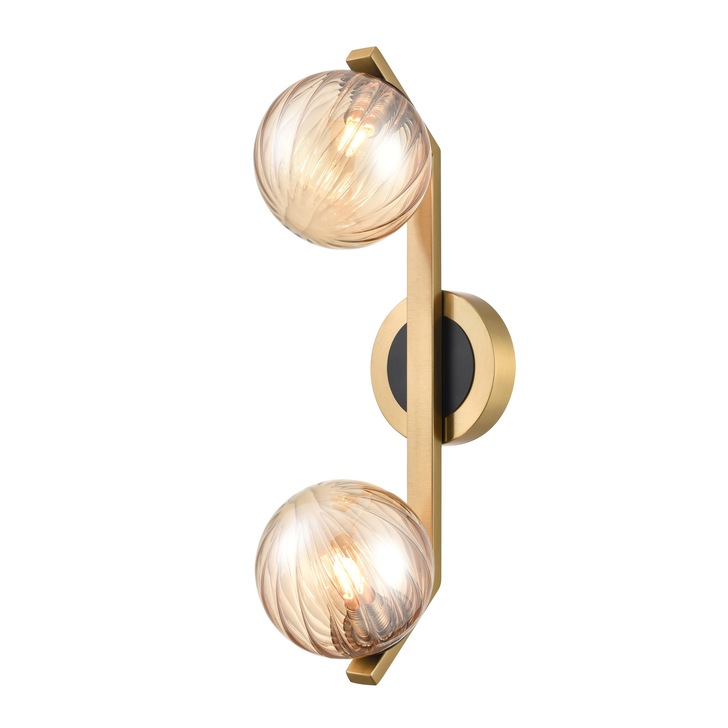 Franklite Oculus Double Angled Wall Light In Aged Brass With Amber Ribbed Glass Globe