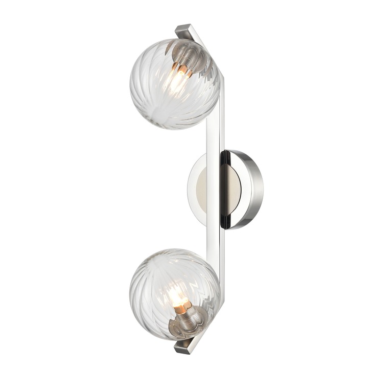 Franklite Oculus Double Angled Wall Light In Satin Nickel With Clear Ribbed Glass Globe