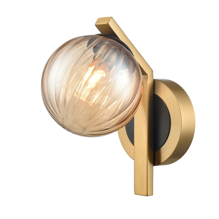 Franklite Oculus Single Angled Wall Light In Aged Brass With Amber Ribbed Glass Globe