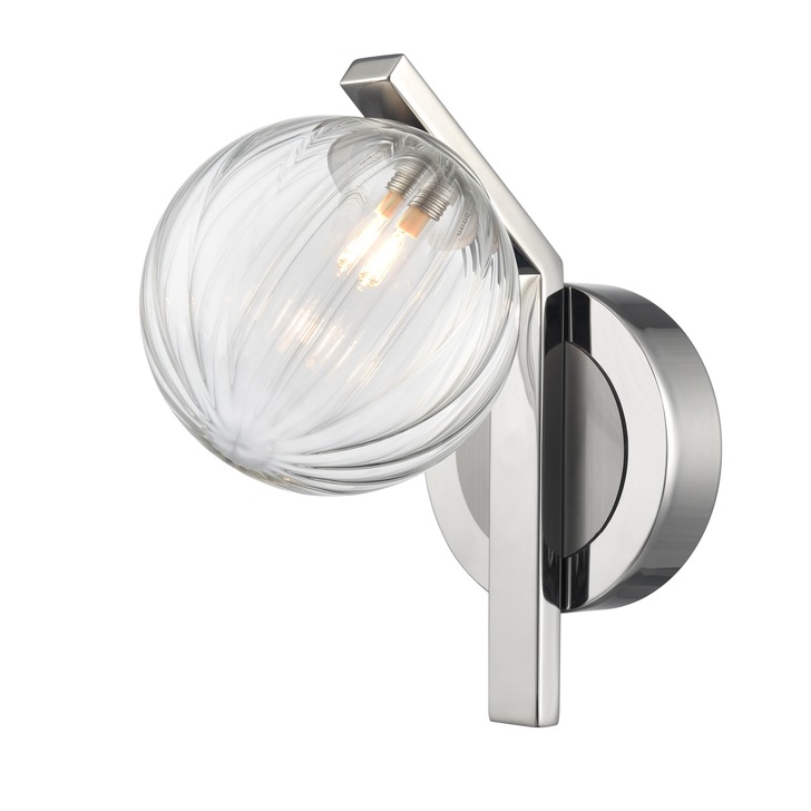 Franklite Oculus Single Angled Wall Light In Satin Nickel With Clear Ribbed Glass Globe