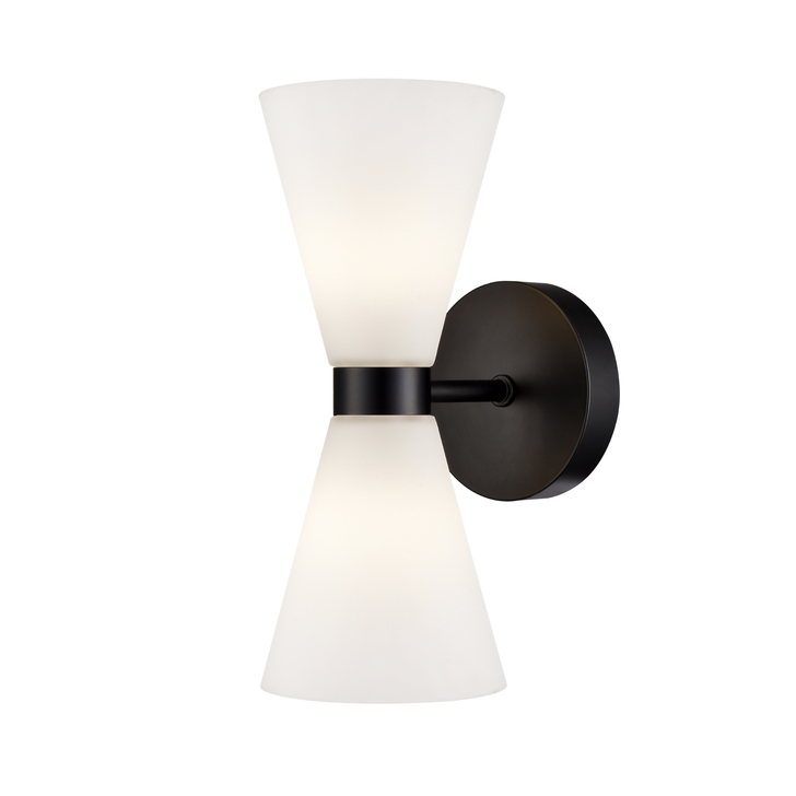 Franklite Odeon Matt Black 2 Light Bathroom Wall Light Complete WIth Opal Conical Glass Shades - IP44