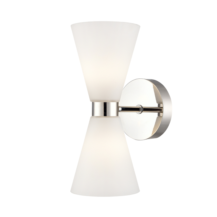 Franklite Odeon Polished Nickel 2 Light Bathroom Wall Light Complete WIth Opal Conical Glass Shades - IP44