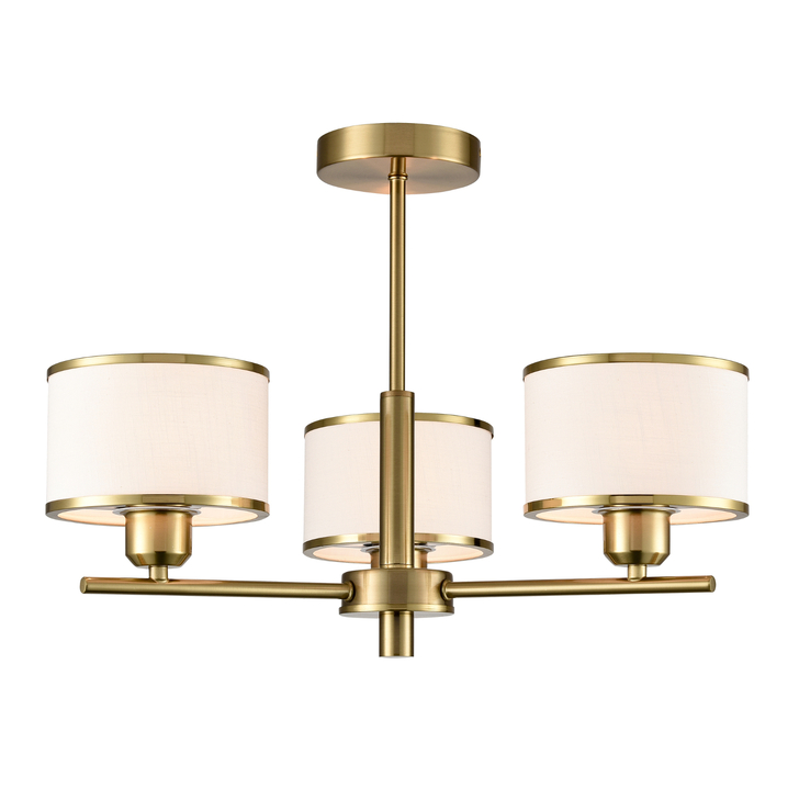 Franklite Polaris Aged Brass Semi-Flush 3 Light Ceiling Light Complete With Off-White Textured Fabric Shades And Aged Brass Trims