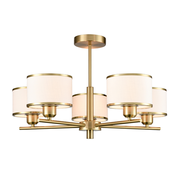 Franklite Polaris Aged Brass Semi-Flush 5 Light Ceiling Light Complete With Off-White Textured Fabric Shades And Aged Brass Trims