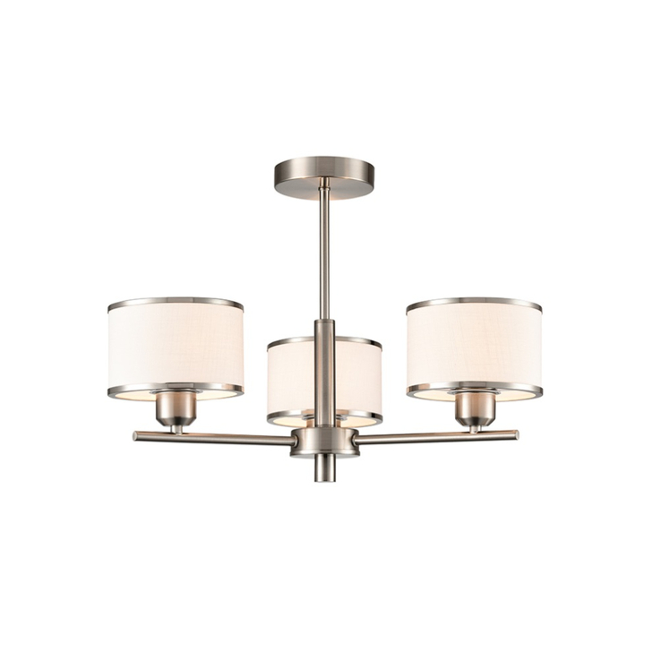 Franklite Polaris Satin Nickel Semi-Flush 3 Light Ceiling Light Complete With Off-White Textured Fabric Shades And Satin Nickel Trims