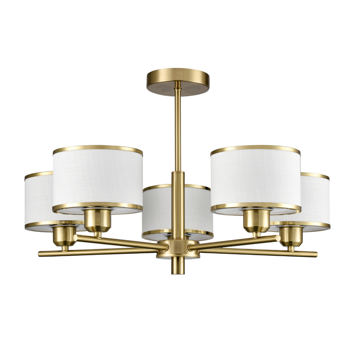 Franklite Polaris Satin Nickel Semi-Flush 5 Light Ceiling Light Complete With Off-White Textured Fabric Shades And Satin Nickel Trims