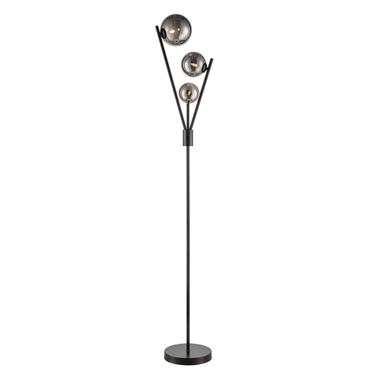 Franklite Propecy Matt Black 3 Floor Lamp Complete With Smoke Round Globes