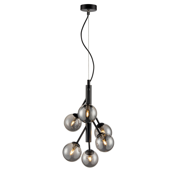 Franklite Propecy Matt Black 6 Light Pendant Complete With Smoke Round Globes - 315mm