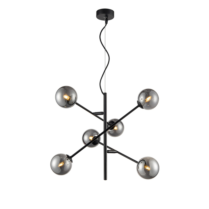 Franklite Propecy Matt Black 6 Light Pendant Complete With Smoke Round Globes - 570mm