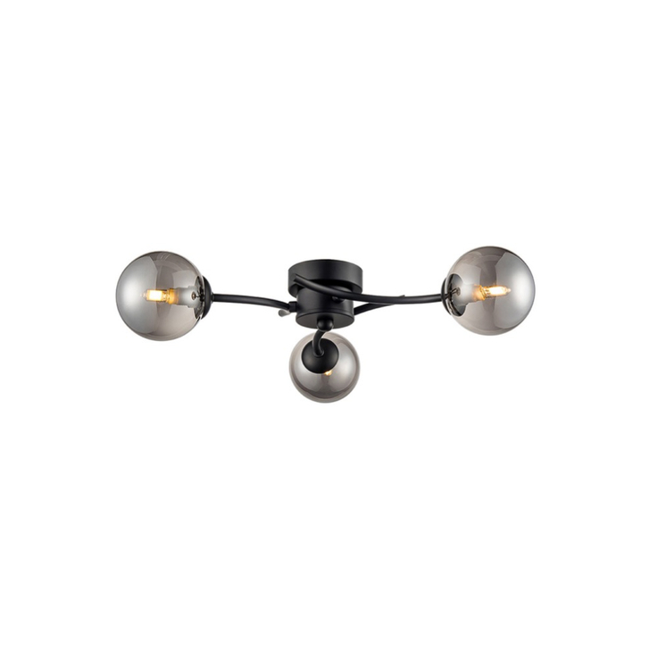 Franklite Prophecy Matt Black 3 Light Flush Ceiling Light Complete With Round Smoke Glass Shades