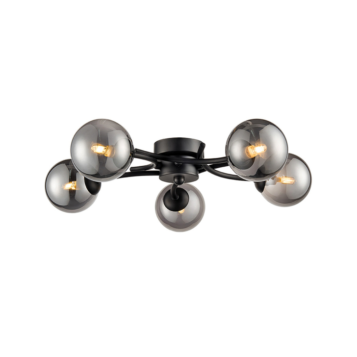 Franklite Prophecy Matt Black 5 Light Flush Ceiling Light Complete With Round Smoke Glass Shades
